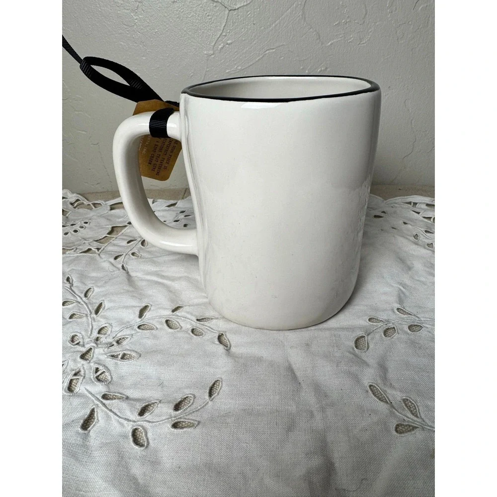 Rae Dunn CHERISH EVERY DAY mug white w/ black pinstripe & flowers